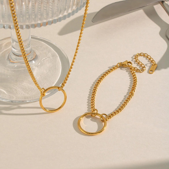 Wholesale Women's Minimalist Geometric Stainless Steel Jewelry With Pvd Furnace Vacuum Real Gold Plating Circular Pendant Necklace And Bracelet