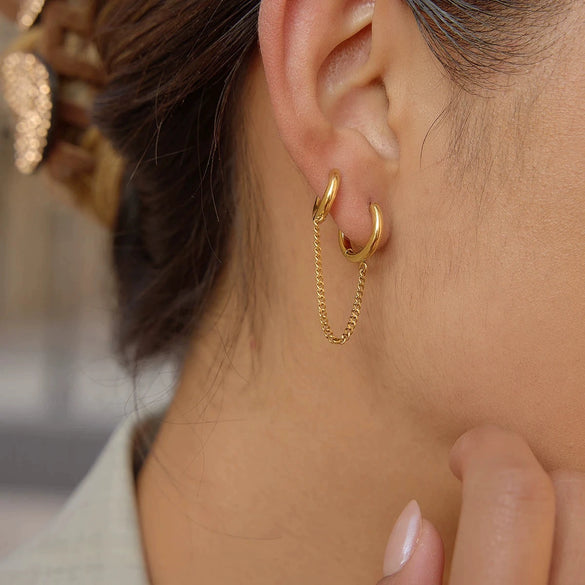 Wholesale Women's Minimalist Geometric Stainless Steel 18K Gold Plated Double Hoop Tassel Earrings