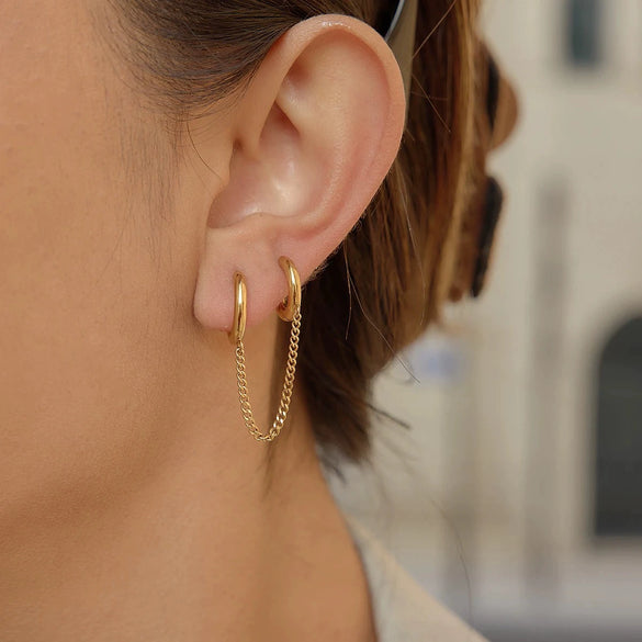 Wholesale Women's Minimalist Geometric Stainless Steel 18K Gold Plated Double Hoop Tassel Earrings