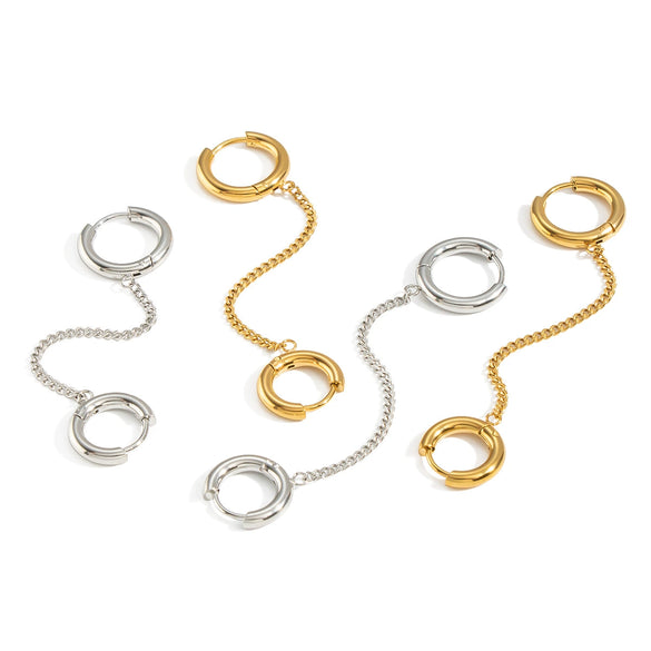Wholesale Women's Minimalist Geometric Stainless Steel 18K Gold Plated Double Hoop Tassel Earrings