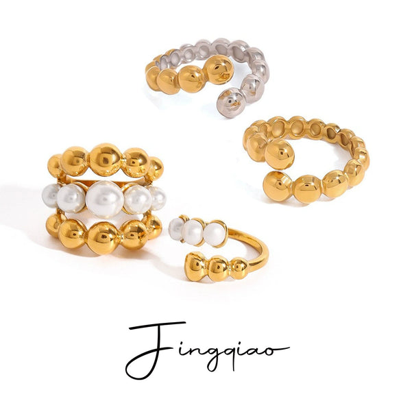 Wholesale Women's Minimalist Geometric Stainless Steel Pearl Ring With Electroplating