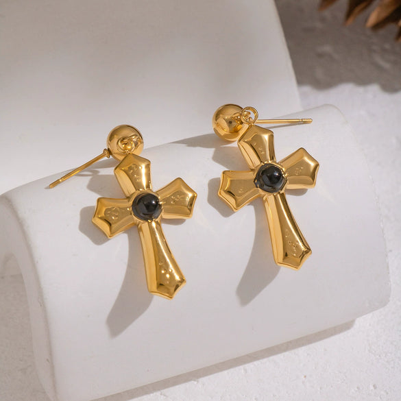 Wholesale Women's Minimalist Geometric Stainless Steel Vacuum Real Gold Plated Cross Pendant Earrings