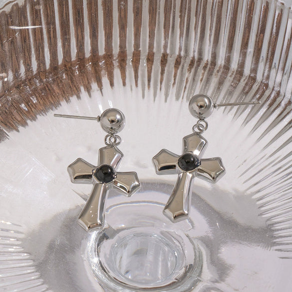 Wholesale Women's Minimalist Geometric Stainless Steel Vacuum Real Gold Plated Cross Pendant Earrings
