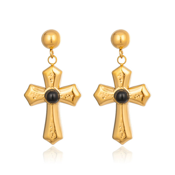 Wholesale Women's Minimalist Geometric Stainless Steel Vacuum Real Gold Plated Cross Pendant Earrings