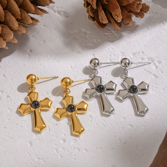 Wholesale Women's Minimalist Geometric Stainless Steel Vacuum Real Gold Plated Cross Pendant Earrings
