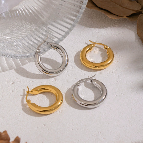 Wholesale Women's Minimalist Geometric Stainless Steel Vacuum Real Gold Plated Hoop Earrings