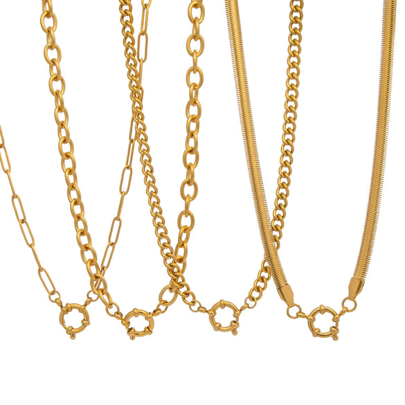 Wholesale Women's Minimalist Geometric Stainless Steel Vacuumplated 18K Gold Spring Clasp Pendant Snake Bone Fishing Line Chain Necklace
