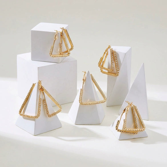 Wholesale Women's Minimalist Geometric Triangle Earring Set With Diamond Studded Copper And Iron Electroplated