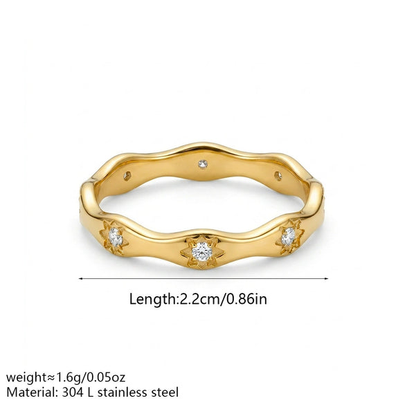 Wholesale Women's Minimalist Geometric Wavy Edge Eightpointed Star Stackable Ring Titanium Steel 18K Gold Plated Diamondstudded
