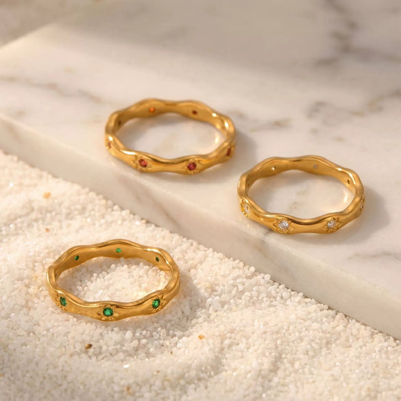Wholesale Women's Minimalist Geometric Wavy Edge Eightpointed Star Stackable Ring Titanium Steel 18K Gold Plated Diamondstudded