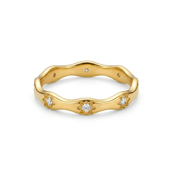 Wholesale Women's Minimalist Geometric Wavy Edge Eightpointed Star Stackable Ring Titanium Steel 18K Gold Plated Diamondstudded