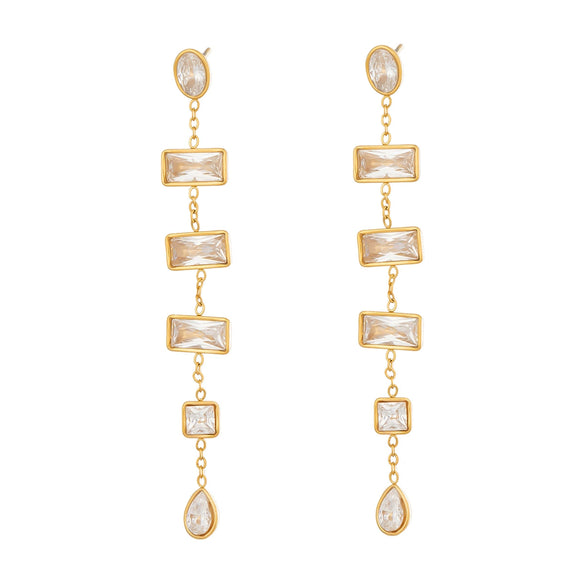 Wholesale Women's Minimalist Geometric White Zircon Tassel Earrings In 18K Gold Plated Stainless Steel