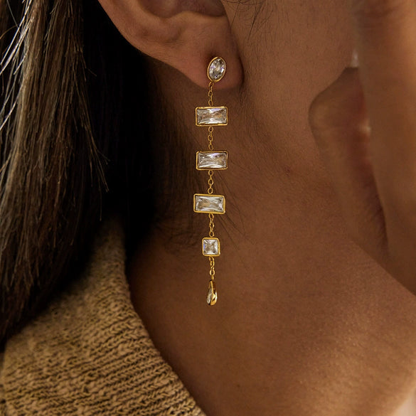 Wholesale Women's Minimalist Geometric White Zircon Tassel Earrings In 18K Gold Plated Stainless Steel