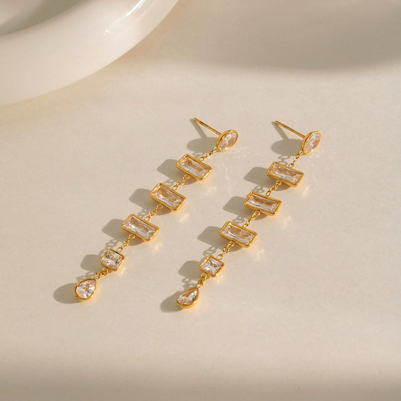 Wholesale Women's Minimalist Geometric White Zircon Tassel Earrings In 18K Gold Plated Stainless Steel