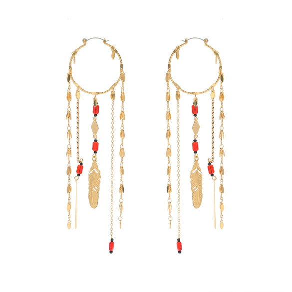 Wholesale Women's Minimalist Geometric Zinc Alloy Exaggerated Tassel Feather Multilayer Earrings With Electroplating