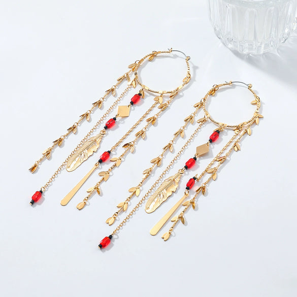 Wholesale Women's Minimalist Geometric Zinc Alloy Exaggerated Tassel Feather Multilayer Earrings With Electroplating