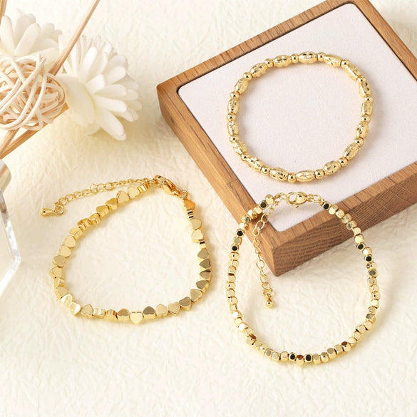 Wholesale Women's Minimalist Heartshaped Beaded Copper Bracelet 18K Gold Plated Electroplated