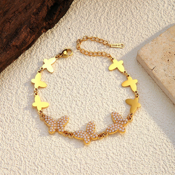 Wholesale Women's Minimalist Ins Style Bowshaped Inlaid Pearl Stainless Steel Electroplated Bracelet