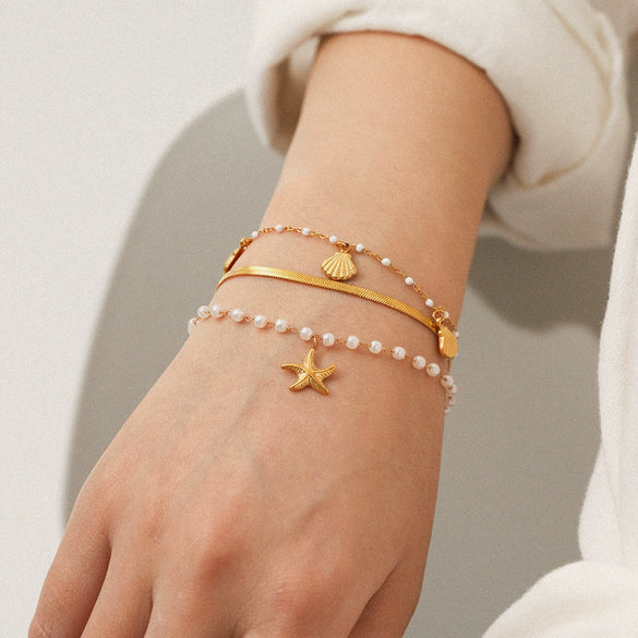 Wholesale Women's Minimalist Ins Style Geometric Stainless Steel Electroplated Bracelet Set With Shell And Starfish Pendant