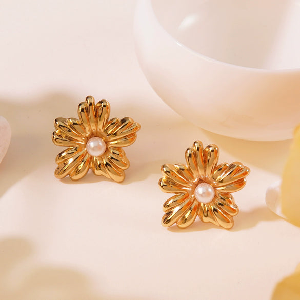 Wholesale Women's Minimalist Irregular Three Dimensional Flower Earrings Stainless Steel Electroplated