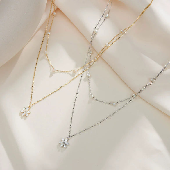 Wholesale Women's Minimalist Natural Geometric S925 Sterling Silver Pearl Double Layer Necklace With Electroplating