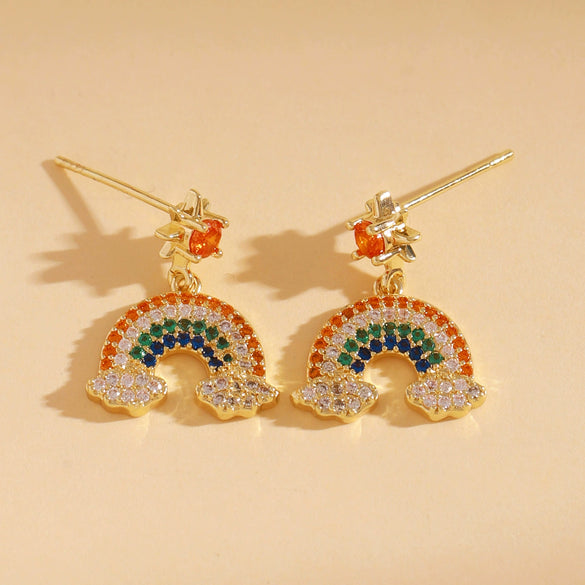 Wholesale Women's Minimalist Rainbow Cloud Sunstone Copper Earrings 14K Gold Plated With Colorful Zircon