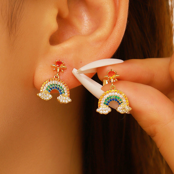 Wholesale Women's Minimalist Rainbow Cloud Sunstone Copper Earrings 14K Gold Plated With Colorful Zircon