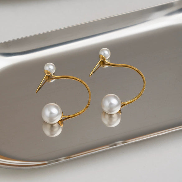 Wholesale Women's Minimalist Simple Modern Geometric Pearl Tassel Stainless Steel Earrings With Vacuum Real Gold Plating In Pvd Furnace
