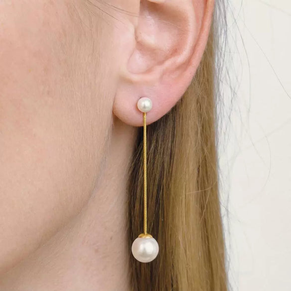 Wholesale Women's Minimalist Simple Modern Geometric Pearl Tassel Stainless Steel Earrings With Vacuum Real Gold Plating In Pvd Furnace