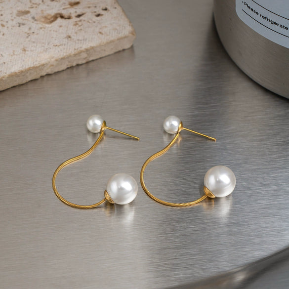 Wholesale Women's Minimalist Simple Modern Geometric Pearl Tassel Stainless Steel Earrings With Vacuum Real Gold Plating In Pvd Furnace