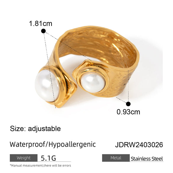 Wholesale Women's Minimalist Stainless Steel Geometric Open Pearl Ring With 18K Gold Electroplating