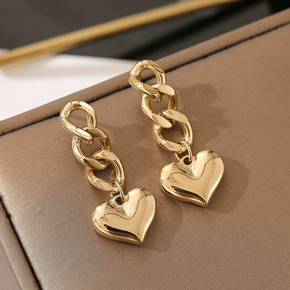 Wholesale Women's Minimalist Stainless Steel Heart Shape Electroplated Earrings With 14K Gold Chain