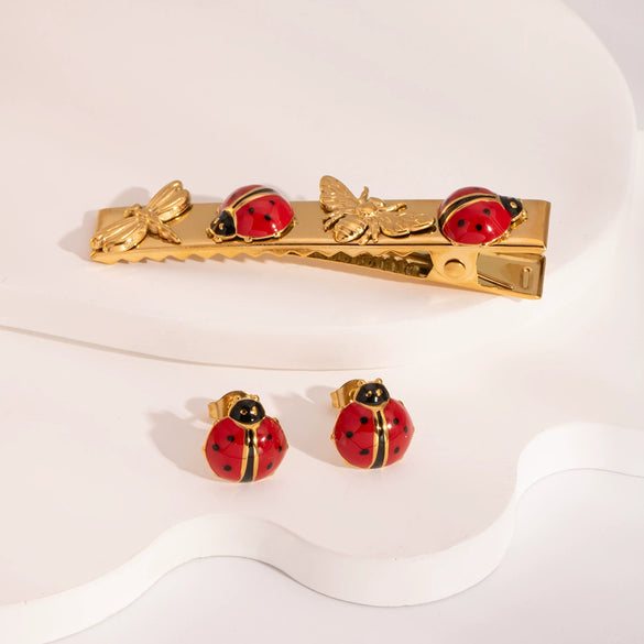 Wholesale Women's Minimalist Stainless Steel Insect Hair Accessories And Earrings With Pvd Furnace Vacuum Real Gold Plating