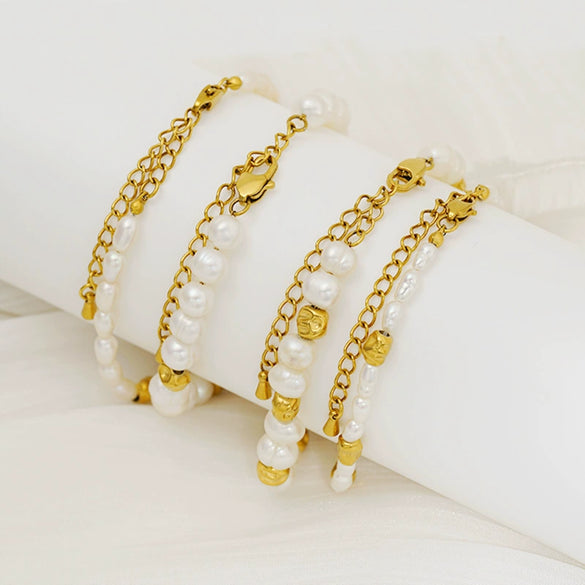 Wholesale Women's Minimalist Stainless Steel Natural Pearl Round Beads Hand Beaded Bracelet