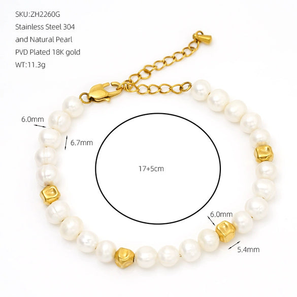 Wholesale Women's Minimalist Stainless Steel Natural Pearl Round Beads Hand Beaded Bracelet