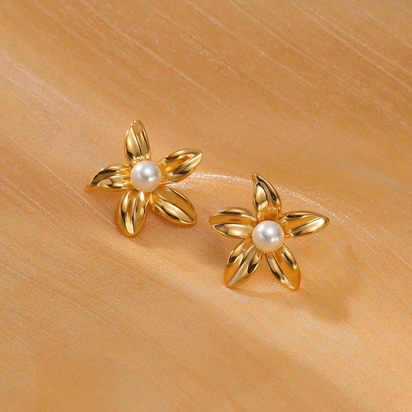 Wholesale Women's Minimalist Stainless Steel Pearl Flower Electroplated Highend Exaggerated Design Earrings