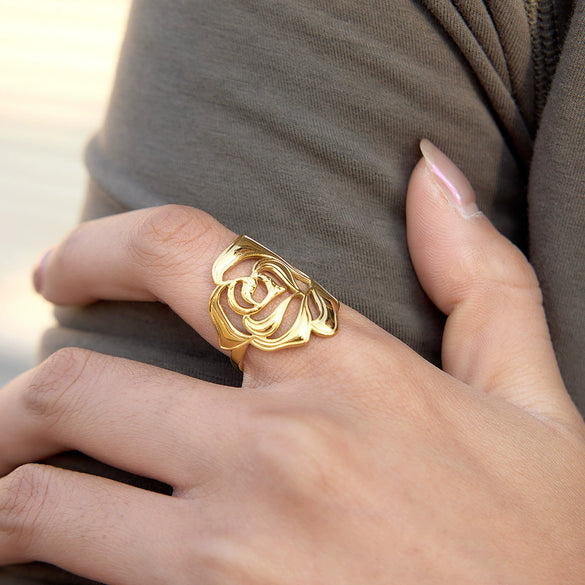 Wholesale Women's Minimalist Stainless Steel Rose Flower Open Ring With Pvd Furnace Vacuum Real Gold Plating