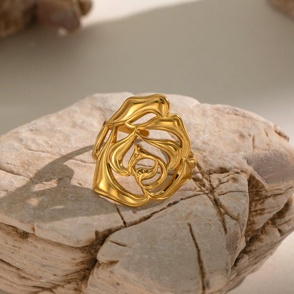 Wholesale Women's Minimalist Stainless Steel Rose Flower Open Ring With Pvd Furnace Vacuum Real Gold Plating