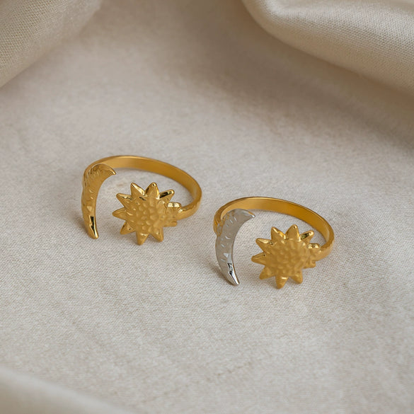Wholesale Women's Minimalist Stainless Steel Sun And Moon Open Ring With Vacuum Real Gold Plating