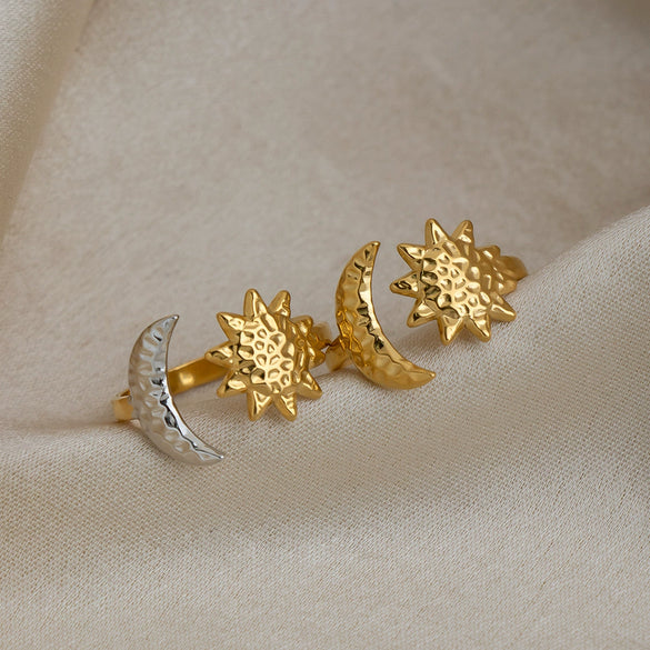 Wholesale Women's Minimalist Stainless Steel Sun And Moon Open Ring With Vacuum Real Gold Plating