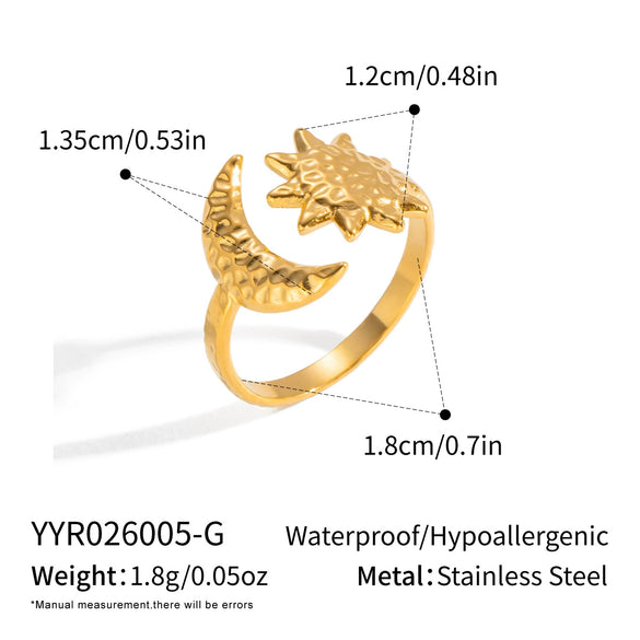 Wholesale Women's Minimalist Stainless Steel Sun And Moon Open Ring With Vacuum Real Gold Plating