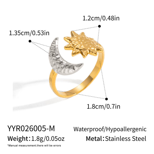Wholesale Women's Minimalist Stainless Steel Sun And Moon Open Ring With Vacuum Real Gold Plating