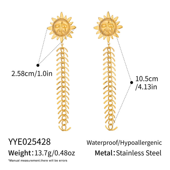 Wholesale Women's Minimalist Stainless Steel Tassel Sun Smiley Face Earrings With Vacuum Real Gold Plating In Pvd Furnace