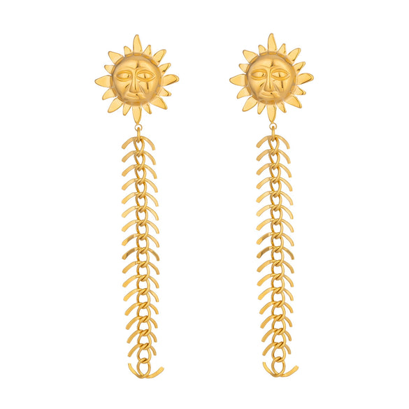 Wholesale Women's Minimalist Stainless Steel Tassel Sun Smiley Face Earrings With Vacuum Real Gold Plating In Pvd Furnace