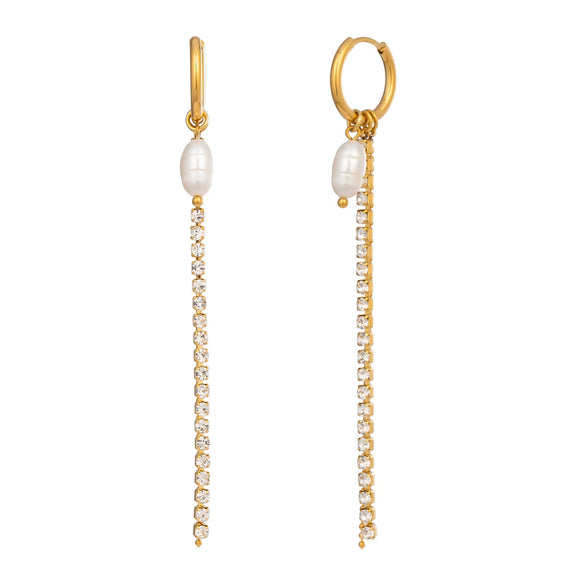 Wholesale Women's Minimalist Stainless Steel Vacuum Real Gold Plated Freshwater Pearl Rhinestone Tassel Earrings