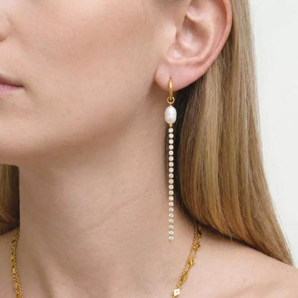 Wholesale Women's Minimalist Stainless Steel Vacuum Real Gold Plated Freshwater Pearl Rhinestone Tassel Earrings