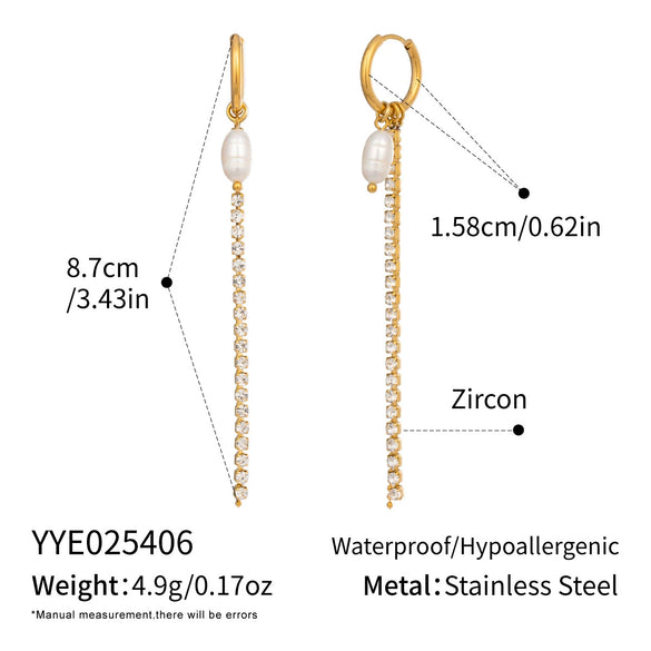 Wholesale Women's Minimalist Stainless Steel Vacuum Real Gold Plated Freshwater Pearl Rhinestone Tassel Earrings