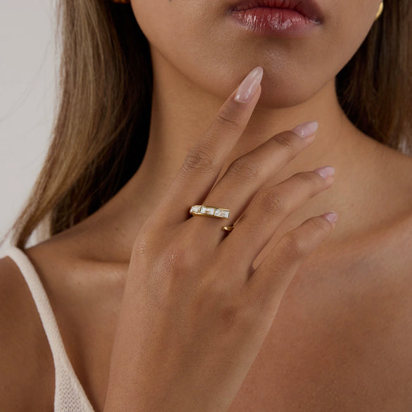 Wholesale Women's Minimalist Style Stainless Steel Geometric Square Zircon Irregular Open Ring Jewelry Electroplated