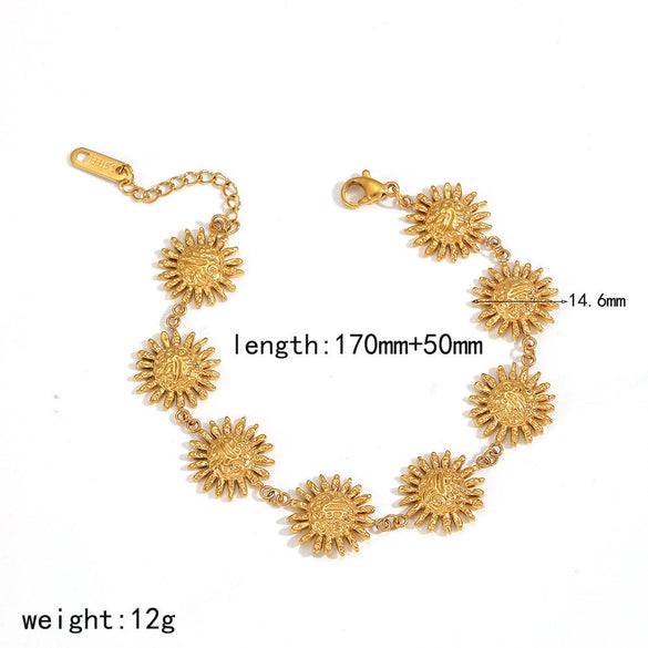 Wholesale Women's Minimalist Sunflower Stainless Steel Jewelry Set Real Gold Plated Bracelet Earrings