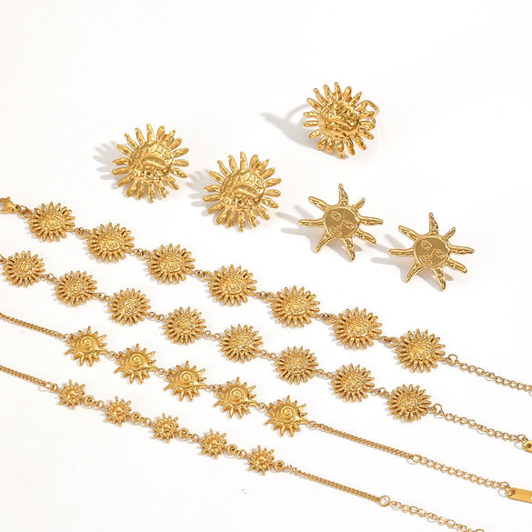 Wholesale Women's Minimalist Sunflower Stainless Steel Jewelry Set Real Gold Plated Bracelet Earrings